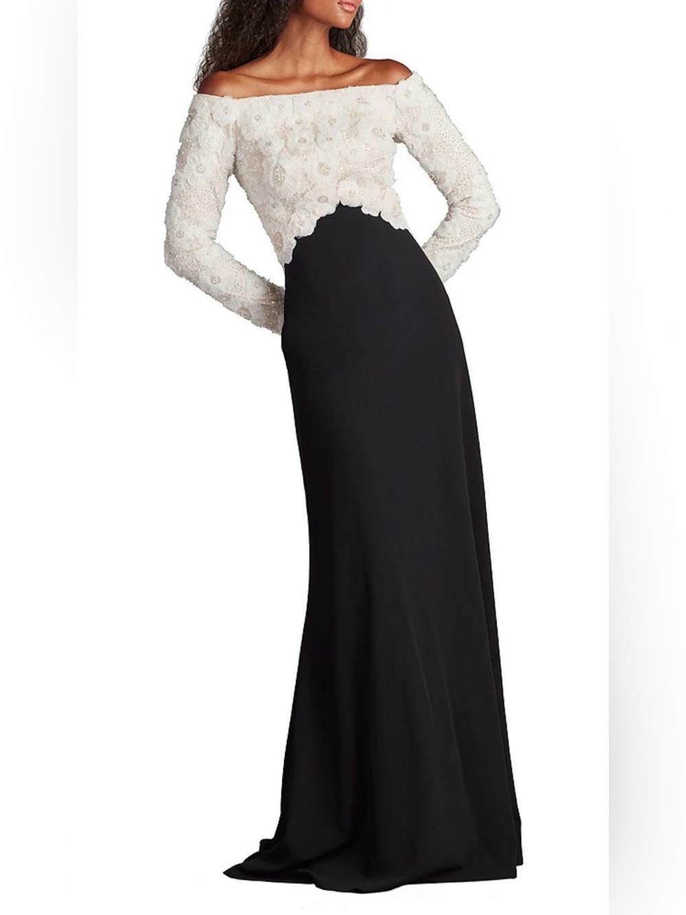 Tadashi Shoji Ivory Lace Bodice Black Gown